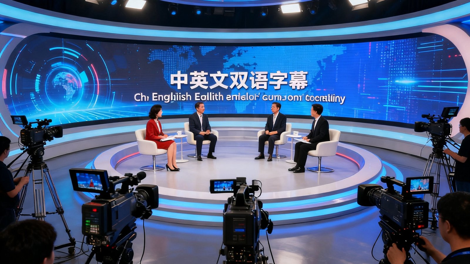 某省级电视台多语种数字演播厅录制现场，主持人与嘉宾坐在环形LED屏幕前，屏幕上实时显示中英文双语字幕，多台摄像机同步录制，演播厅采用OG视讯全套数字演播厅方案。