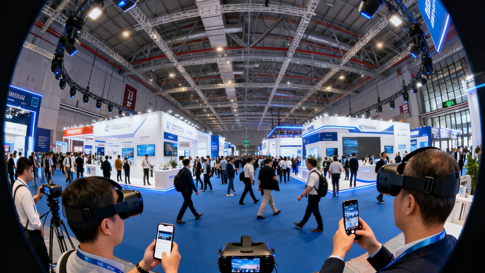 VR视讯360度全景直播系统在跨国展会现场部署，多台全景摄像机环形分布，观众可通过手机或VR头显自由切换观看视角，画面中展示的是展馆内实时人流与展台全景。